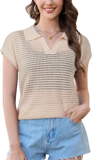 Arach&Cloz 2025 Women's Crochet Cap Sleeve Knit Tops Spring Summer Shirts Lightweight Collared Hollow Out Casual Blouses