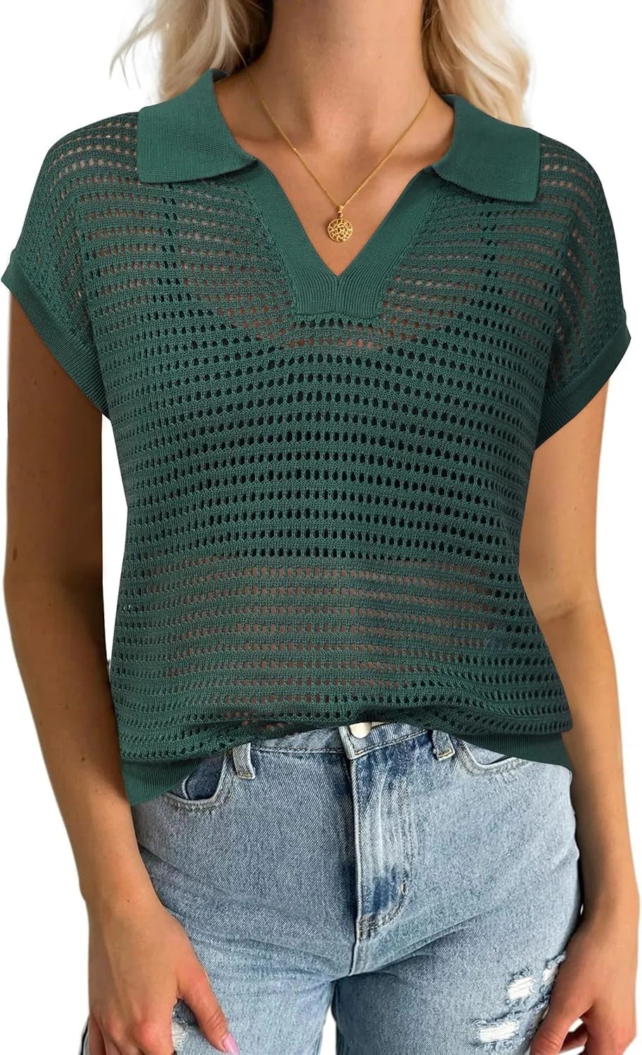 Arach&Cloz 2025 Women's Crochet Cap Sleeve Knit Tops Spring Summer Shirts Lightweight Collared Hollow Out Casual Blouses