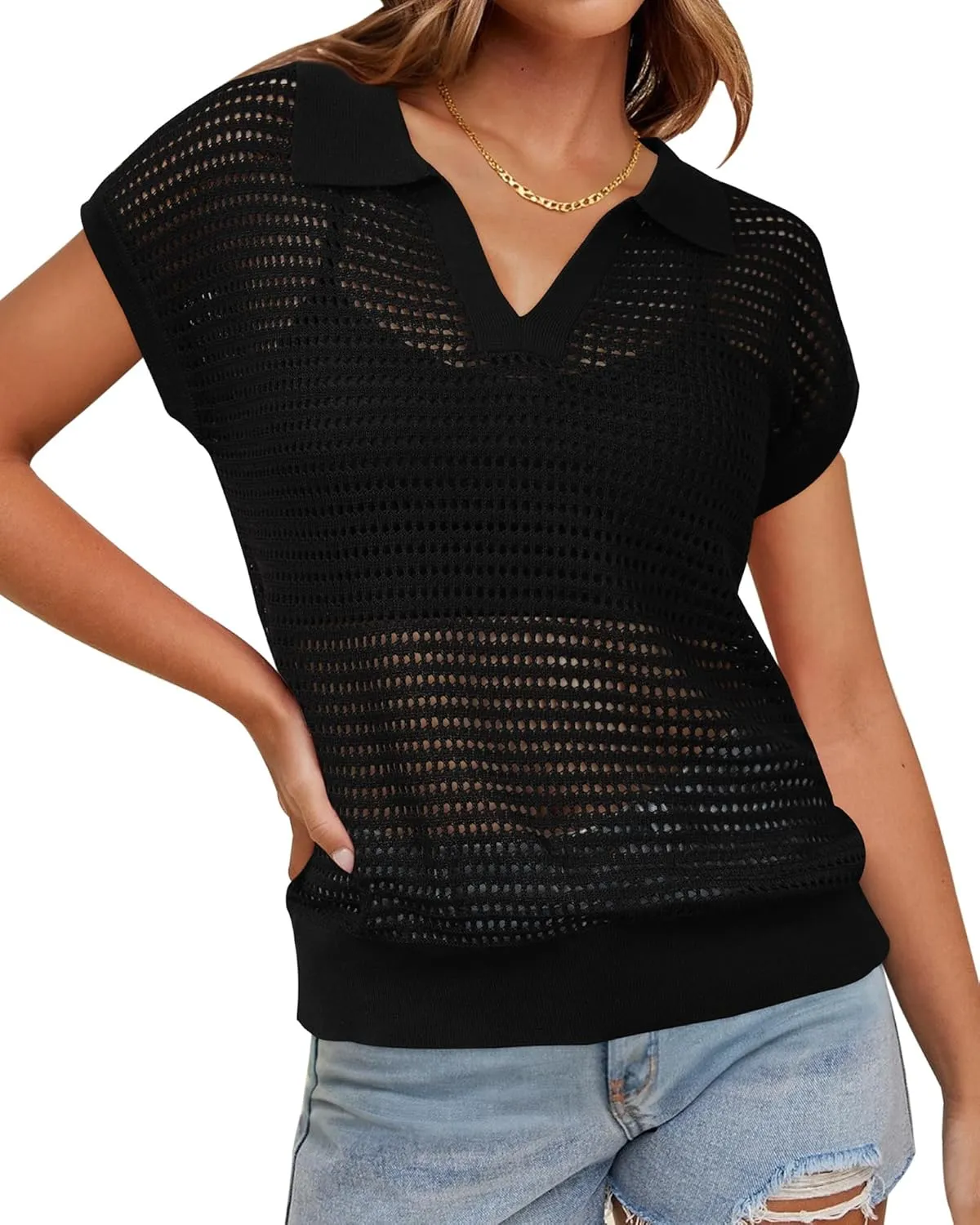 Arach&Cloz 2025 Women's Crochet Cap Sleeve Knit Tops Spring Summer Shirts Lightweight Collared Hollow Out Casual Blouses