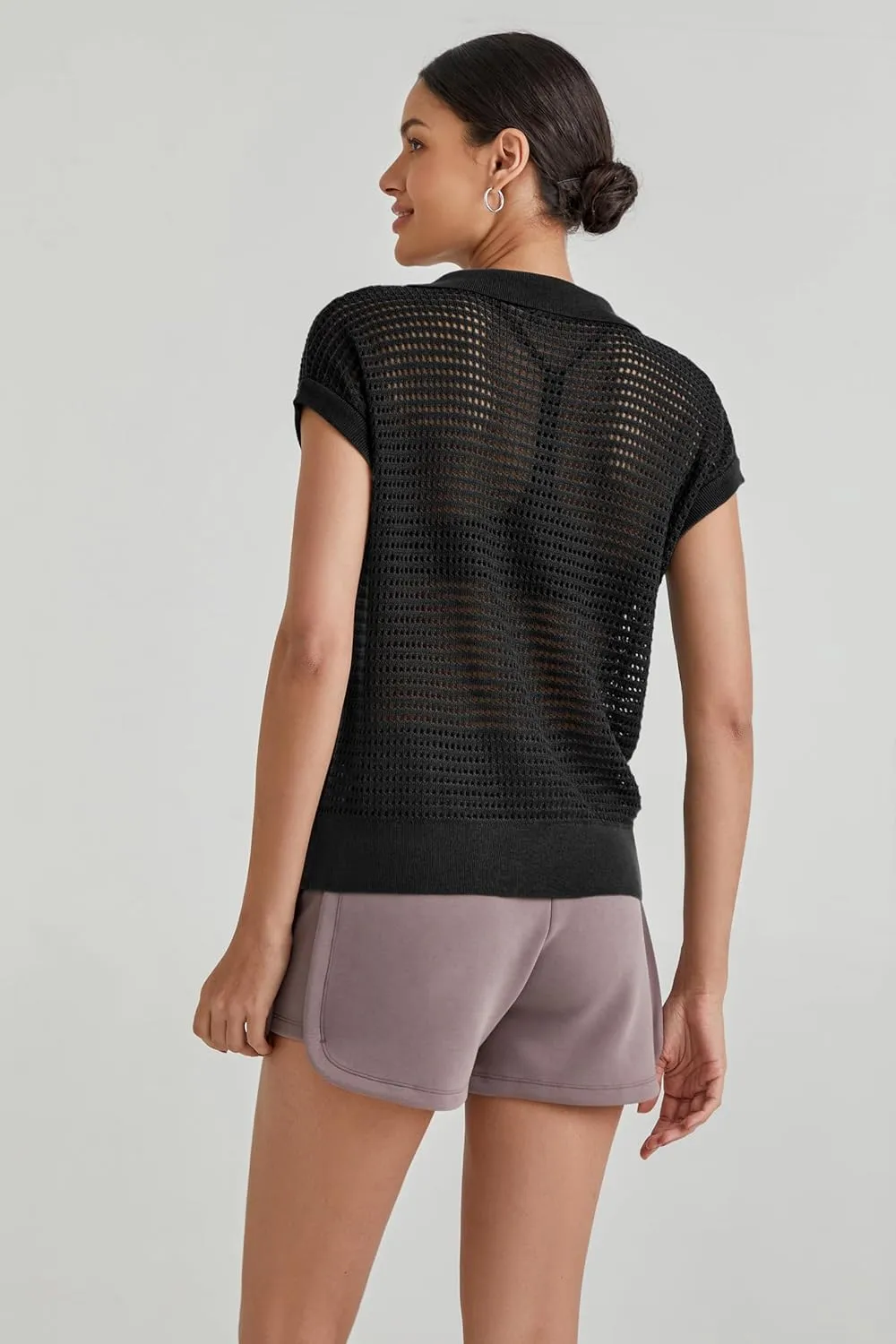Arach&Cloz 2025 Women's Crochet Cap Sleeve Knit Tops Spring Summer Shirts Lightweight Collared Hollow Out Casual Blouses