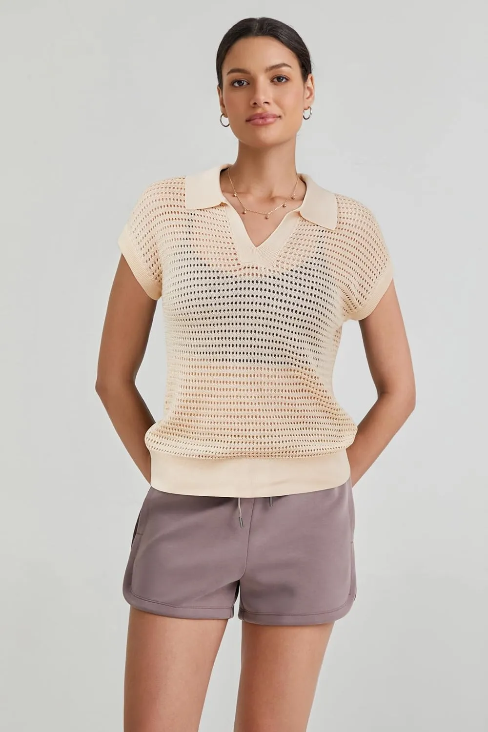 Arach&Cloz 2025 Women's Crochet Cap Sleeve Knit Tops Spring Summer Shirts Lightweight Collared Hollow Out Casual Blouses