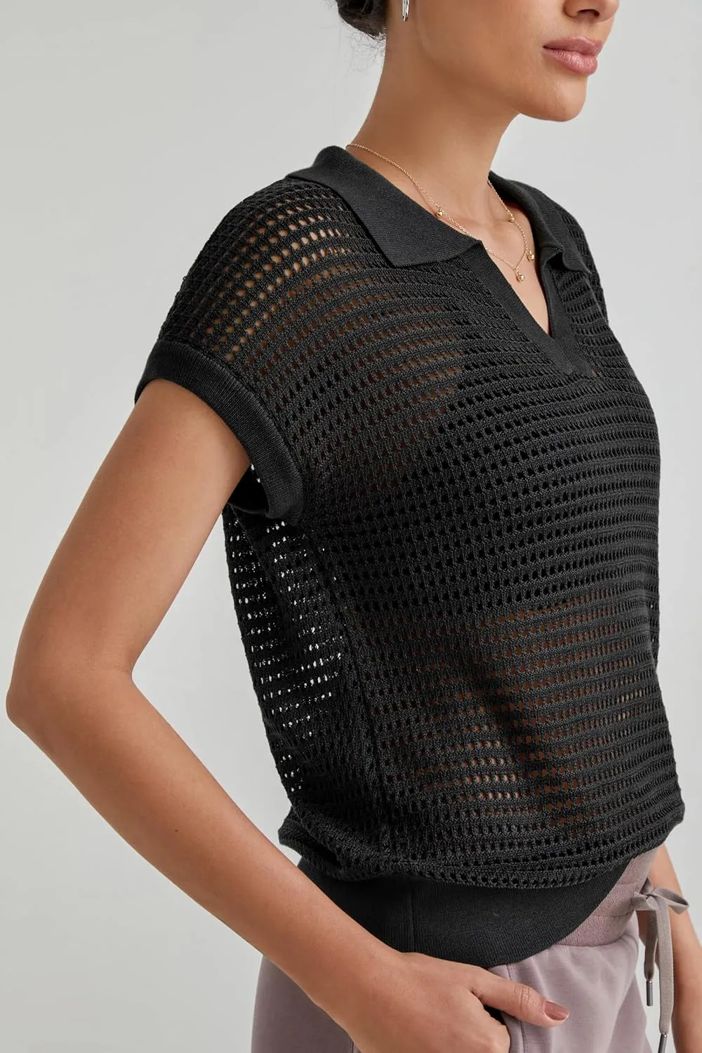 Arach&Cloz 2025 Women's Crochet Cap Sleeve Knit Tops Spring Summer Shirts Lightweight Collared Hollow Out Casual Blouses
