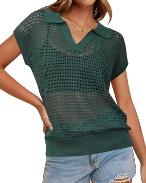 Arach&Cloz 2025 Women's Crochet Cap Sleeve Knit Tops Spring Summer Shirts Lightweight Collared Hollow Out Casual Blouses