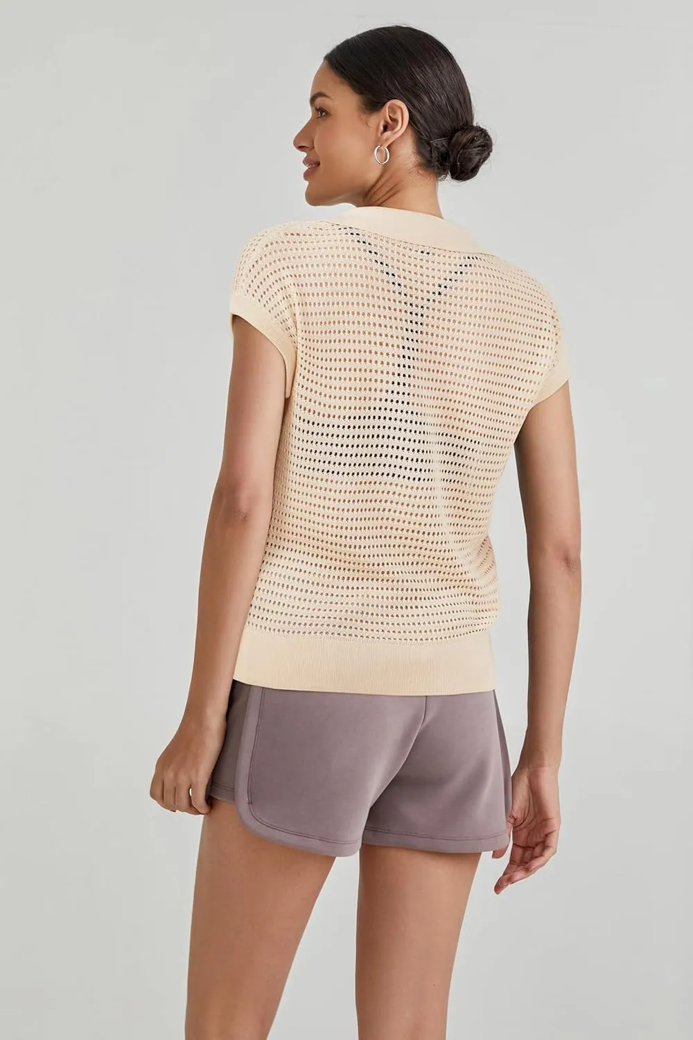 Arach&Cloz 2025 Women's Crochet Cap Sleeve Knit Tops Spring Summer Shirts Lightweight Collared Hollow Out Casual Blouses