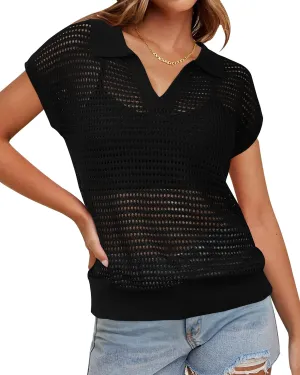 Arach&Cloz 2025 Women's Crochet Cap Sleeve Knit Tops Spring Summer Shirts Lightweight Collared Hollow Out Casual Blouses