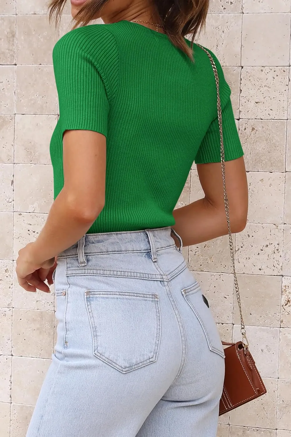 ATHMILE Womens Ribbed Knit T Shirt Casual Crewneck Tops Short Sleeve/Long Sleeve Sweaters Slim Fit Basic Tees