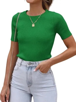 ATHMILE Womens Ribbed Knit T Shirt Casual Crewneck Tops Short Sleeve/Long Sleeve Sweaters Slim Fit Basic Tees