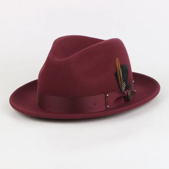 Ayden Fedora - Classic Elegance with Satin Grosgrain Band and Hand-Crafted Feather Bundle | WH-100 Burgundy