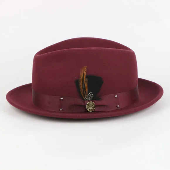 Ayden Fedora - Classic Elegance with Satin Grosgrain Band and Hand-Crafted Feather Bundle | WH-100 Burgundy