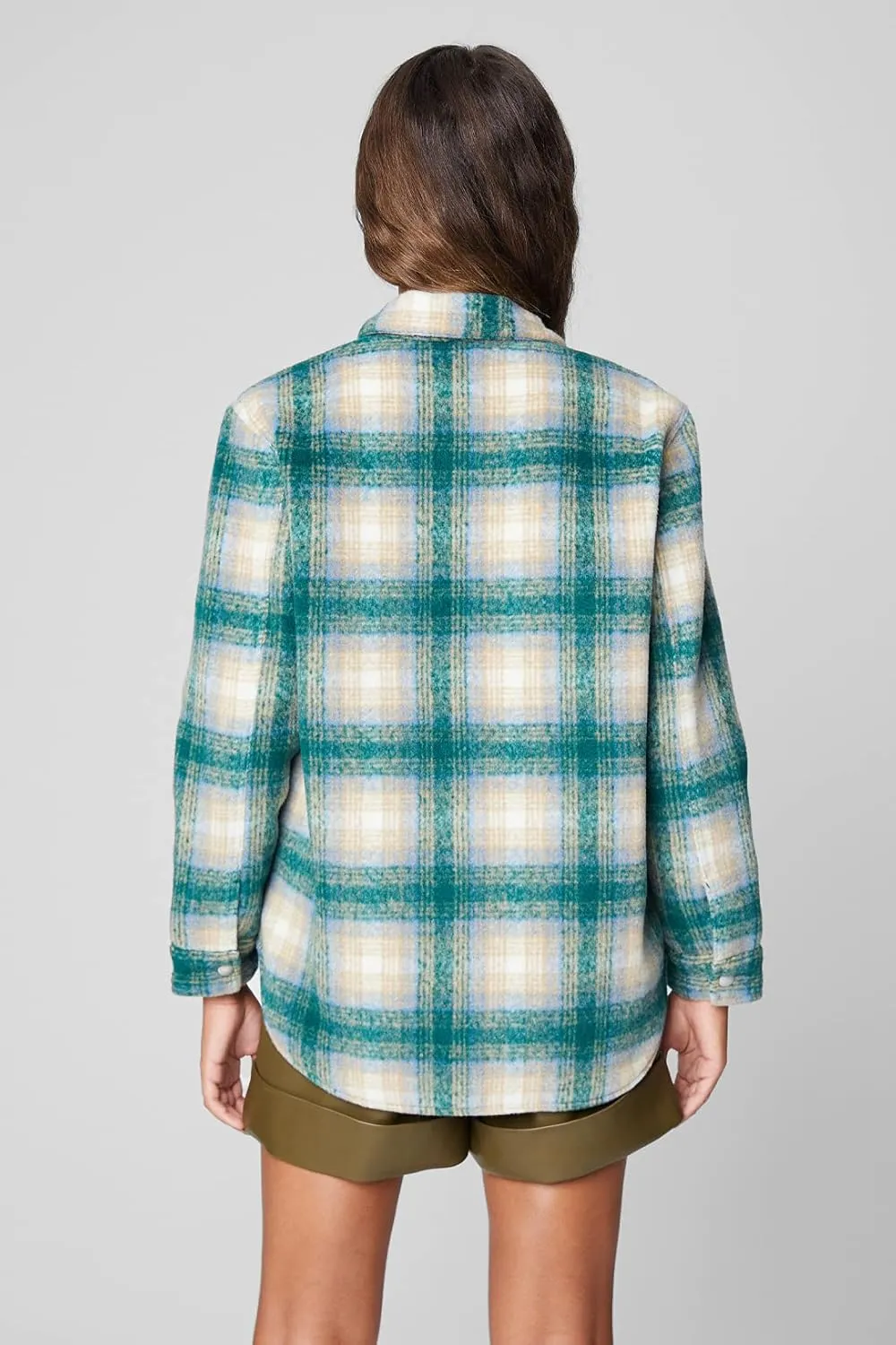 [BLANKNYC] Womens Oversized Flannel Shirt Jacket, Comfortable Long Sleeve & Stylish Coat, Green Room, Small