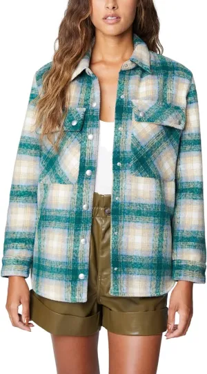 [BLANKNYC] Womens Oversized Flannel Shirt Jacket, Comfortable Long Sleeve & Stylish Coat, Green Room, Small