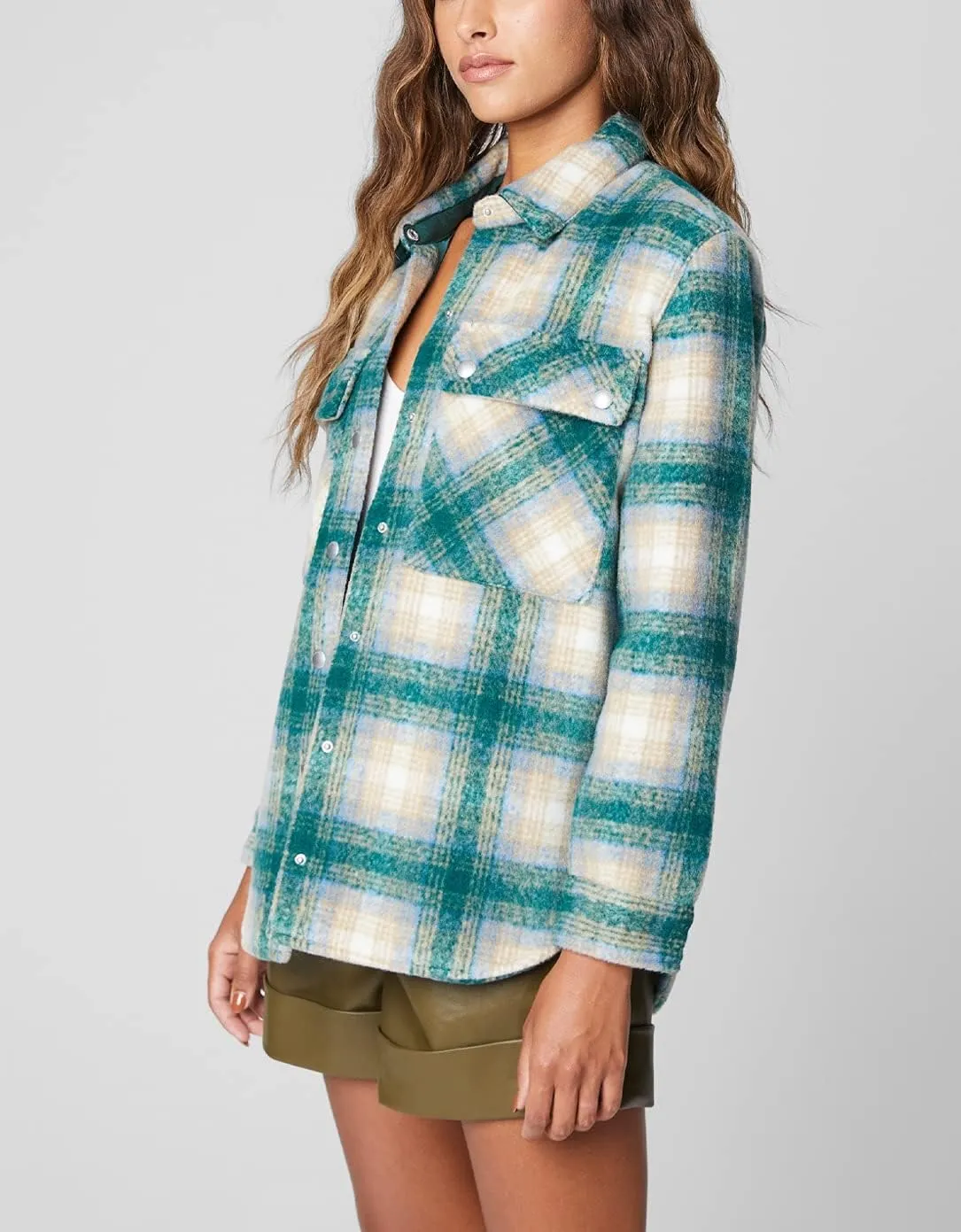[BLANKNYC] Womens Oversized Flannel Shirt Jacket, Comfortable Long Sleeve & Stylish Coat, Green Room, Small
