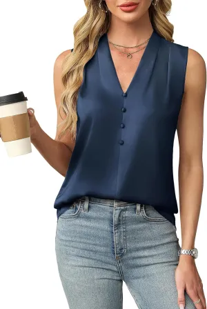 Blooming Jelly Womens Dressy Tank Tops Summer Sleeveless Work Blouses Silk Satin V Neck Shirts Business Casual Outfits