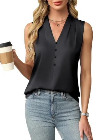 Blooming Jelly Womens Dressy Tank Tops Summer Sleeveless Work Blouses Silk Satin V Neck Shirts Business Casual Outfits