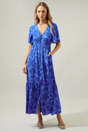 Blue Floral S/S Dress w Buttons Down Front