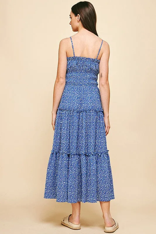 Blue Smocked Bodice Spag Strap Tiered Maxi Dress