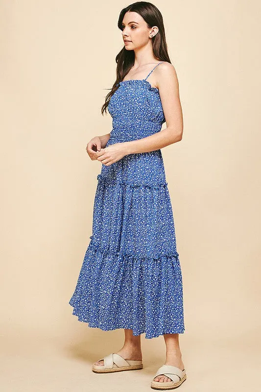 Blue Smocked Bodice Spag Strap Tiered Maxi Dress