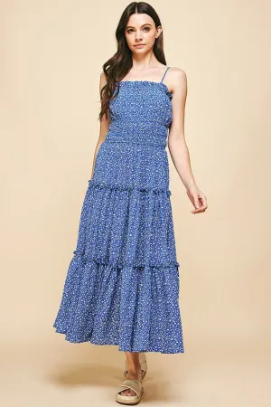 Blue Smocked Bodice Spag Strap Tiered Maxi Dress