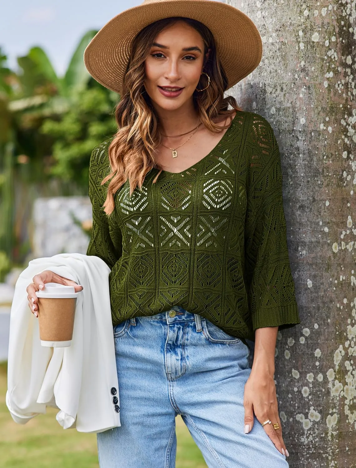 Bluetime Women Off Shoulder Tops Casual 3/4 Sleeve Hollow Out Crochet Sweaters Lightweight Oversized Knit Tops