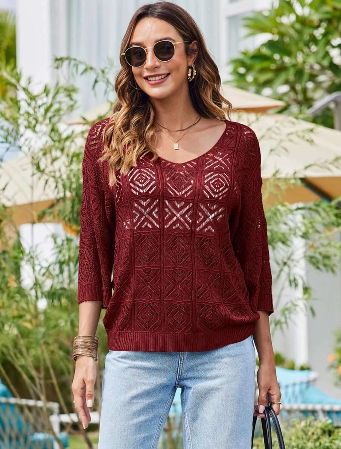 Bluetime Women Off Shoulder Tops Casual 3/4 Sleeve Hollow Out Crochet Sweaters Lightweight Oversized Knit Tops