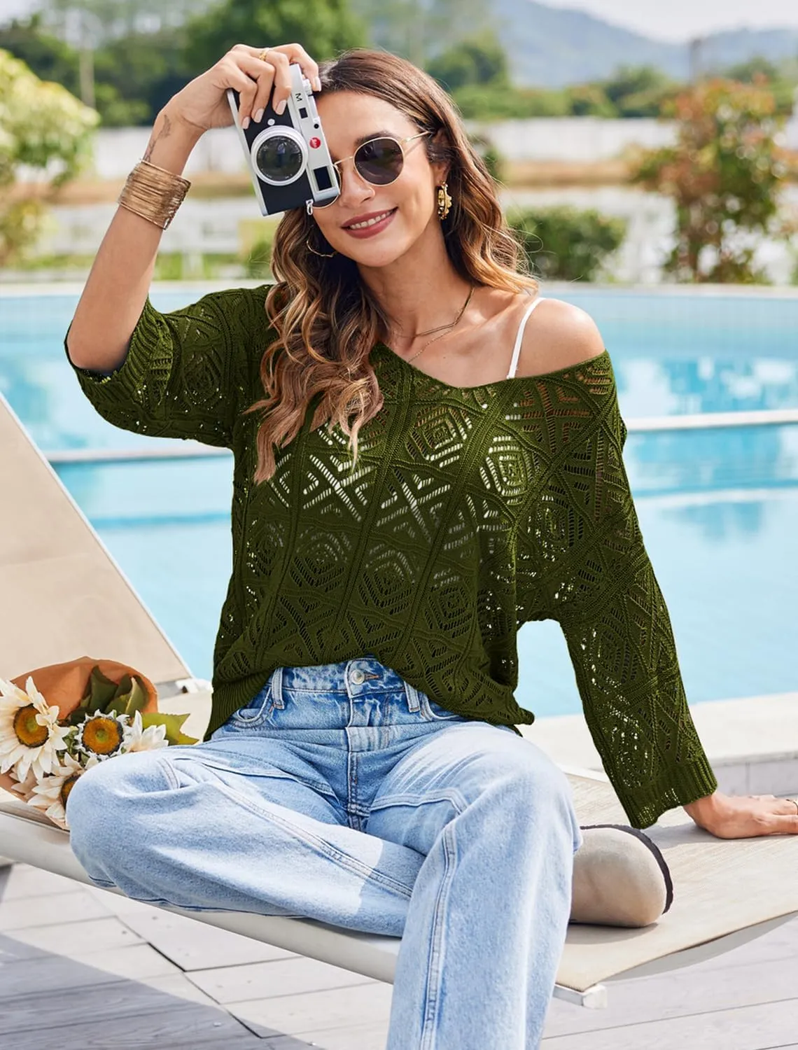 Bluetime Women Off Shoulder Tops Casual 3/4 Sleeve Hollow Out Crochet Sweaters Lightweight Oversized Knit Tops