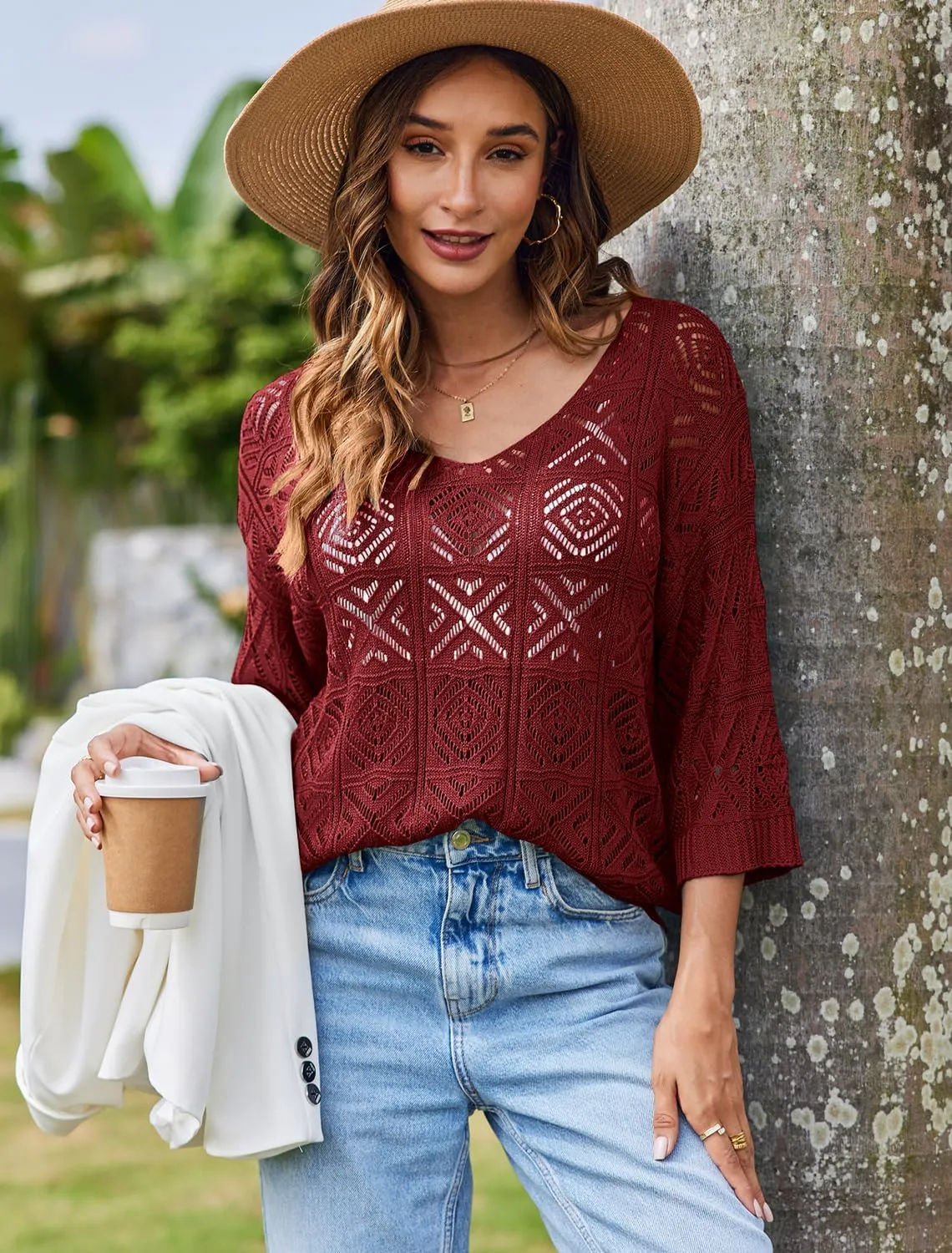 Bluetime Women Off Shoulder Tops Casual 3/4 Sleeve Hollow Out Crochet Sweaters Lightweight Oversized Knit Tops