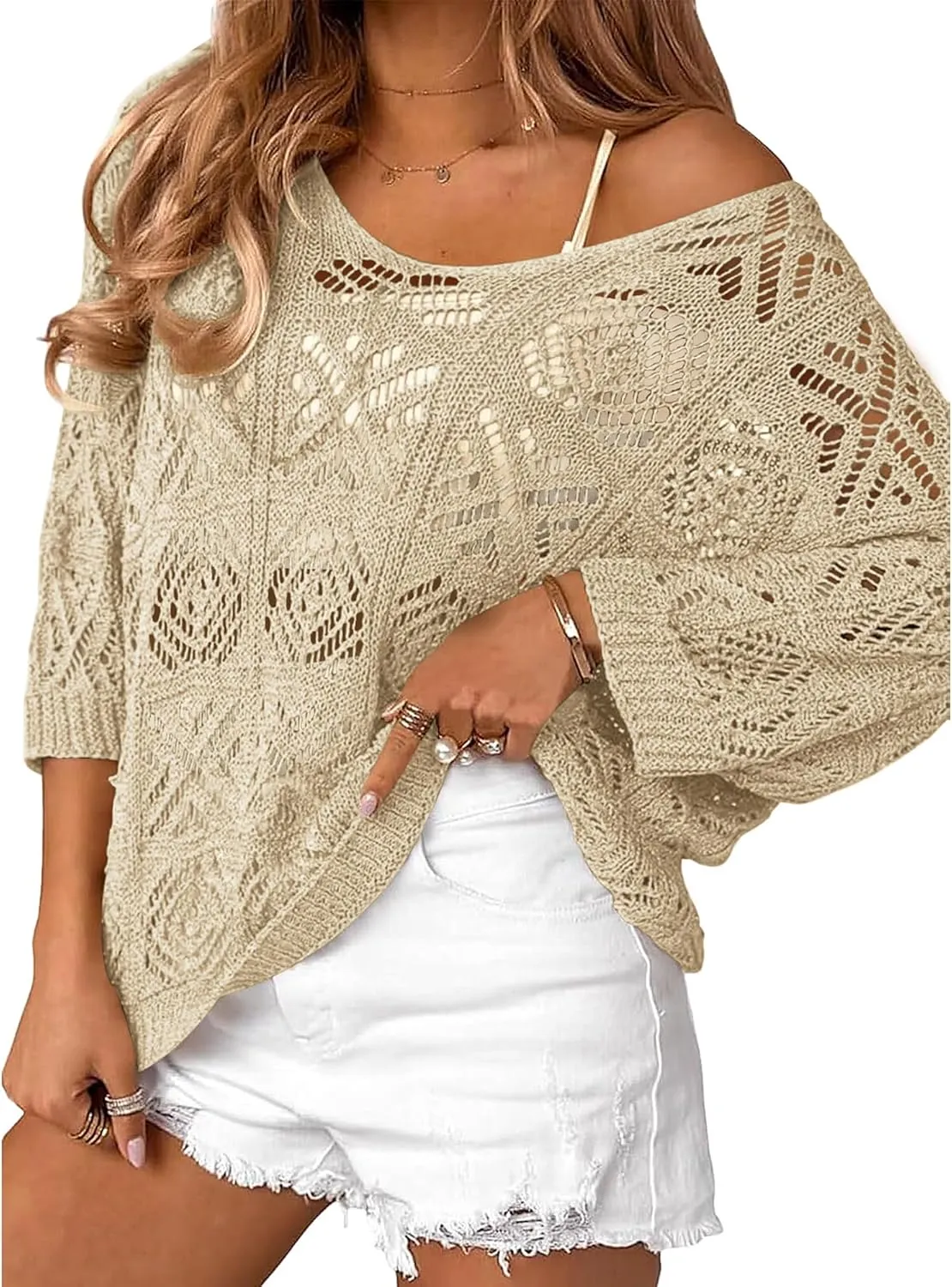 Bluetime Women Off Shoulder Tops Casual 3/4 Sleeve Hollow Out Crochet Sweaters Lightweight Oversized Knit Tops