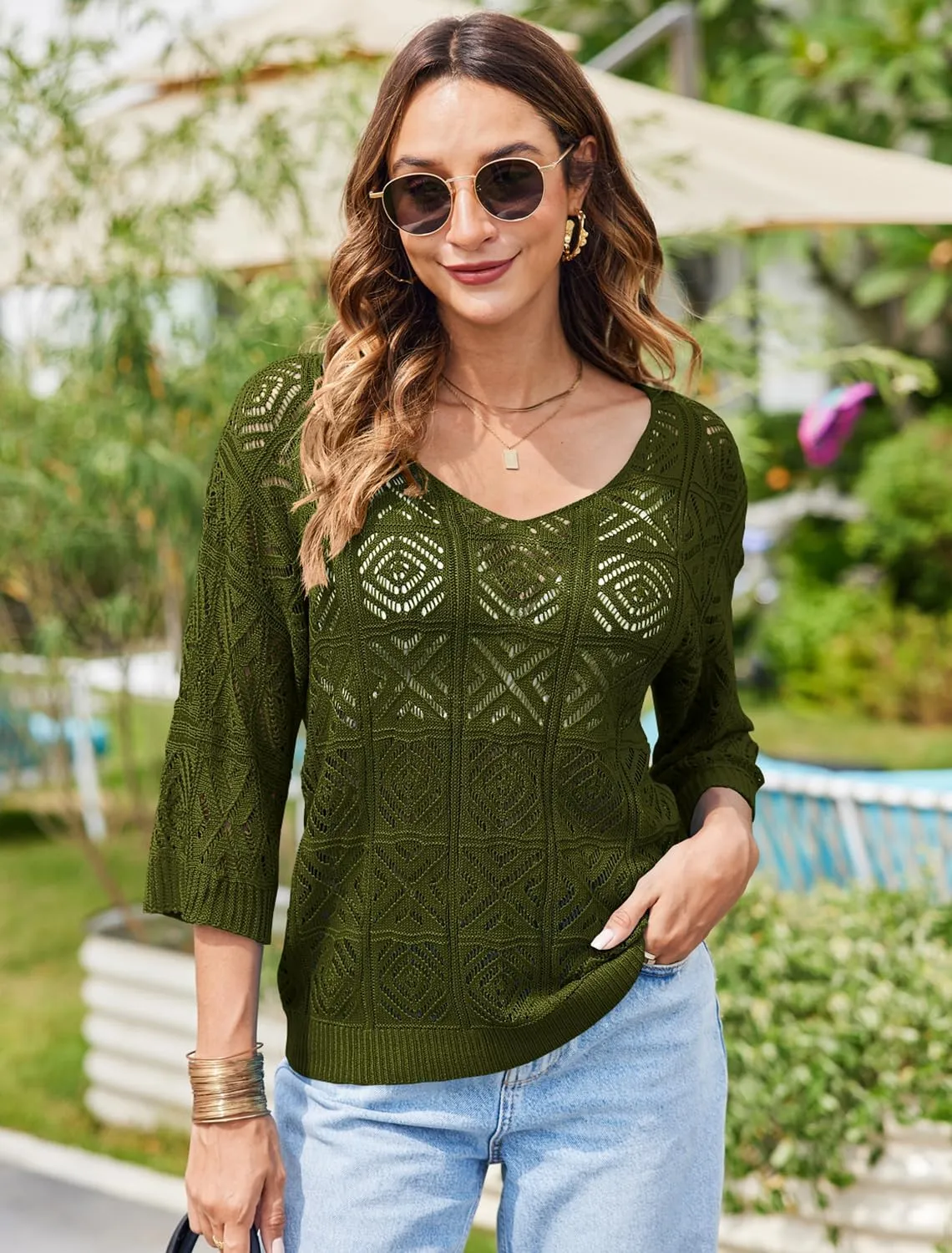Bluetime Women Off Shoulder Tops Casual 3/4 Sleeve Hollow Out Crochet Sweaters Lightweight Oversized Knit Tops