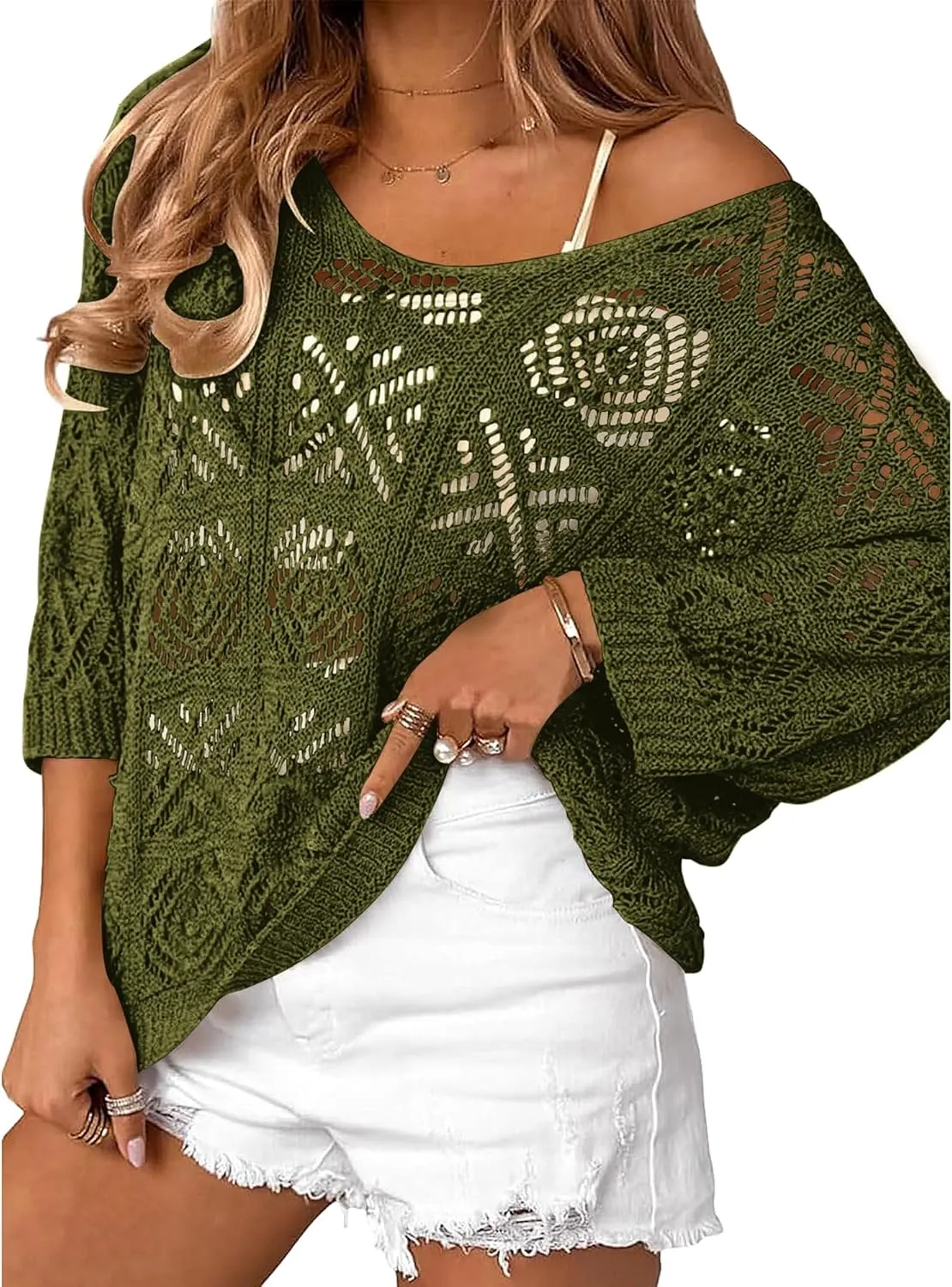 Bluetime Women Off Shoulder Tops Casual 3/4 Sleeve Hollow Out Crochet Sweaters Lightweight Oversized Knit Tops