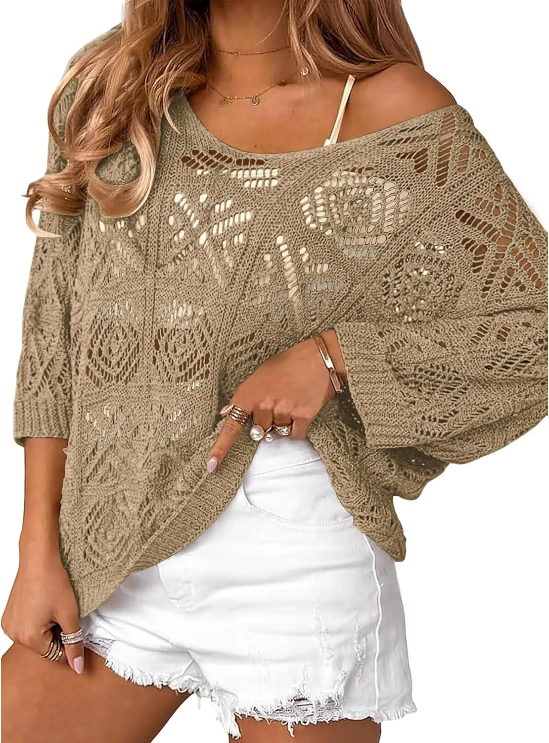 Bluetime Women Off Shoulder Tops Casual 3/4 Sleeve Hollow Out Crochet Sweaters Lightweight Oversized Knit Tops