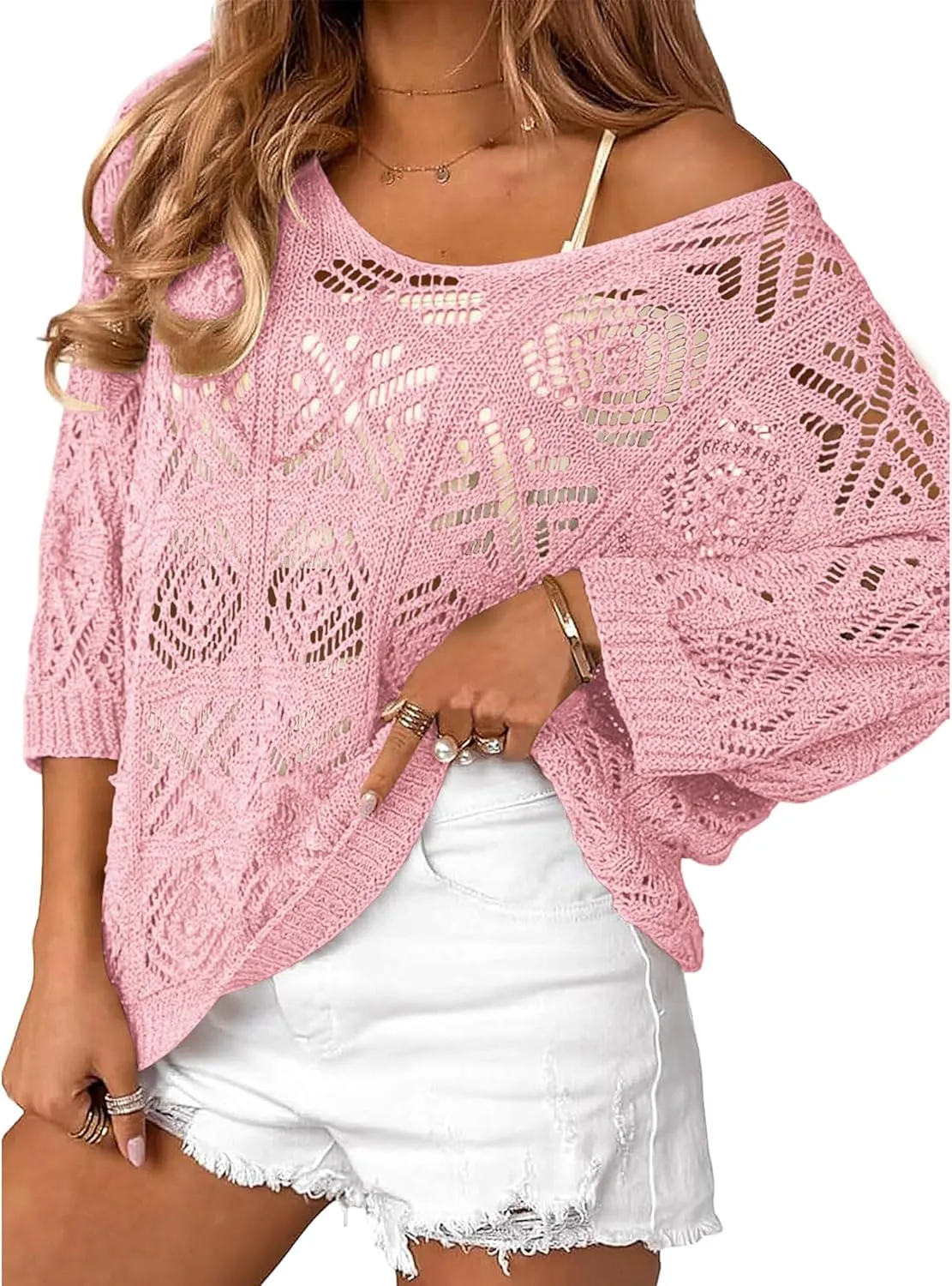 Bluetime Women Off Shoulder Tops Casual 3/4 Sleeve Hollow Out Crochet Sweaters Lightweight Oversized Knit Tops