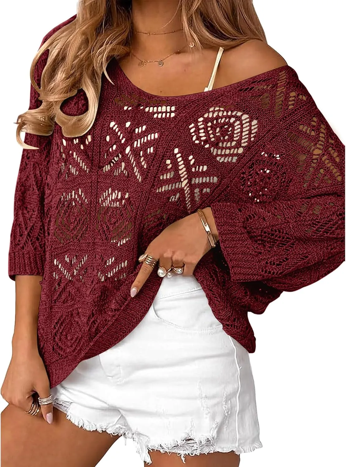 Bluetime Women Off Shoulder Tops Casual 3/4 Sleeve Hollow Out Crochet Sweaters Lightweight Oversized Knit Tops
