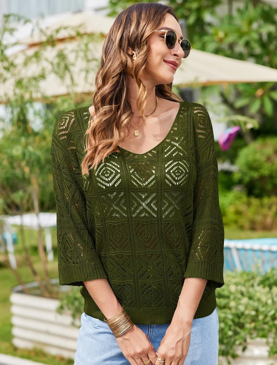 Bluetime Women Off Shoulder Tops Casual 3/4 Sleeve Hollow Out Crochet Sweaters Lightweight Oversized Knit Tops