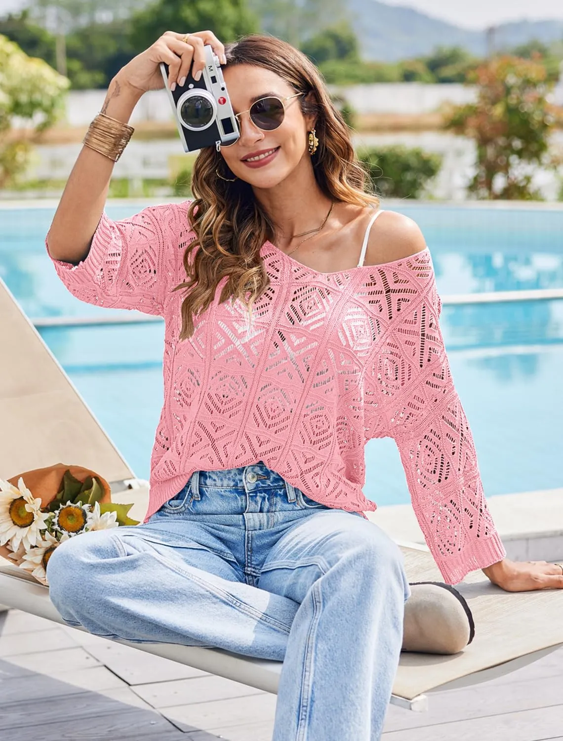 Bluetime Women Off Shoulder Tops Casual 3/4 Sleeve Hollow Out Crochet Sweaters Lightweight Oversized Knit Tops