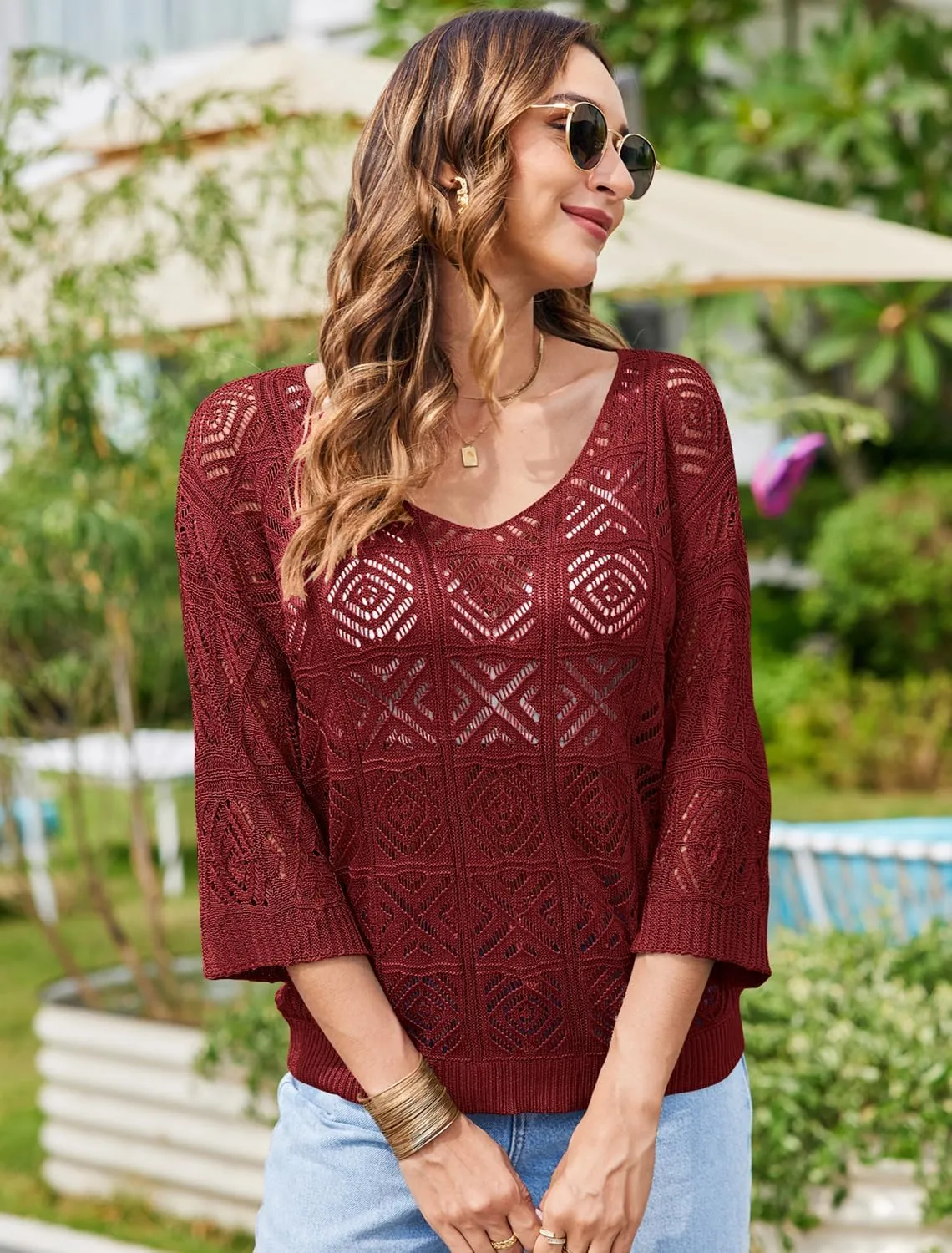 Bluetime Women Off Shoulder Tops Casual 3/4 Sleeve Hollow Out Crochet Sweaters Lightweight Oversized Knit Tops
