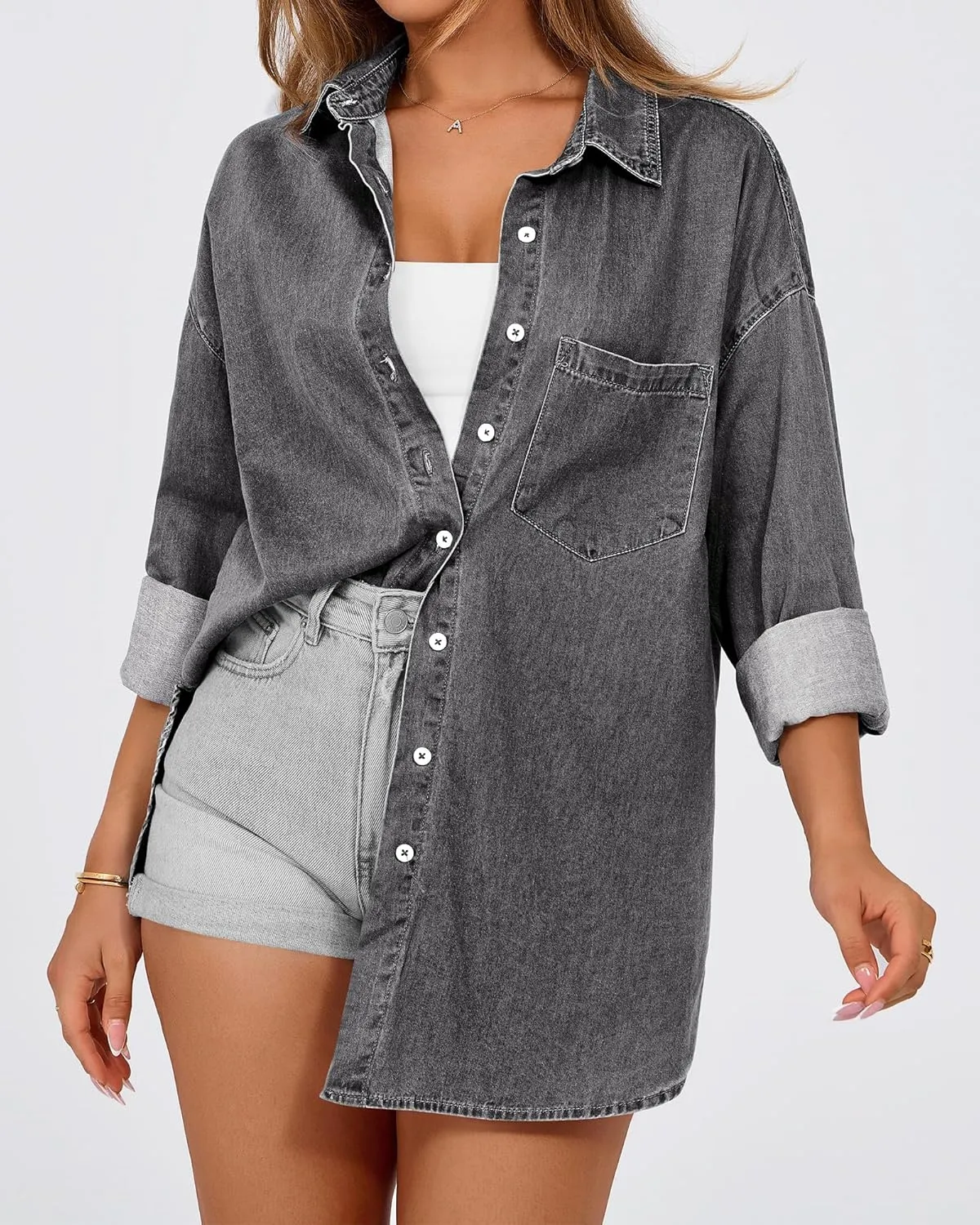 BTFBM Womens Button Down Denim Shirts Fall Lapel V Neck Lightweight Oversized Long Sleeve Thin Casual Blouse Tops Pocket