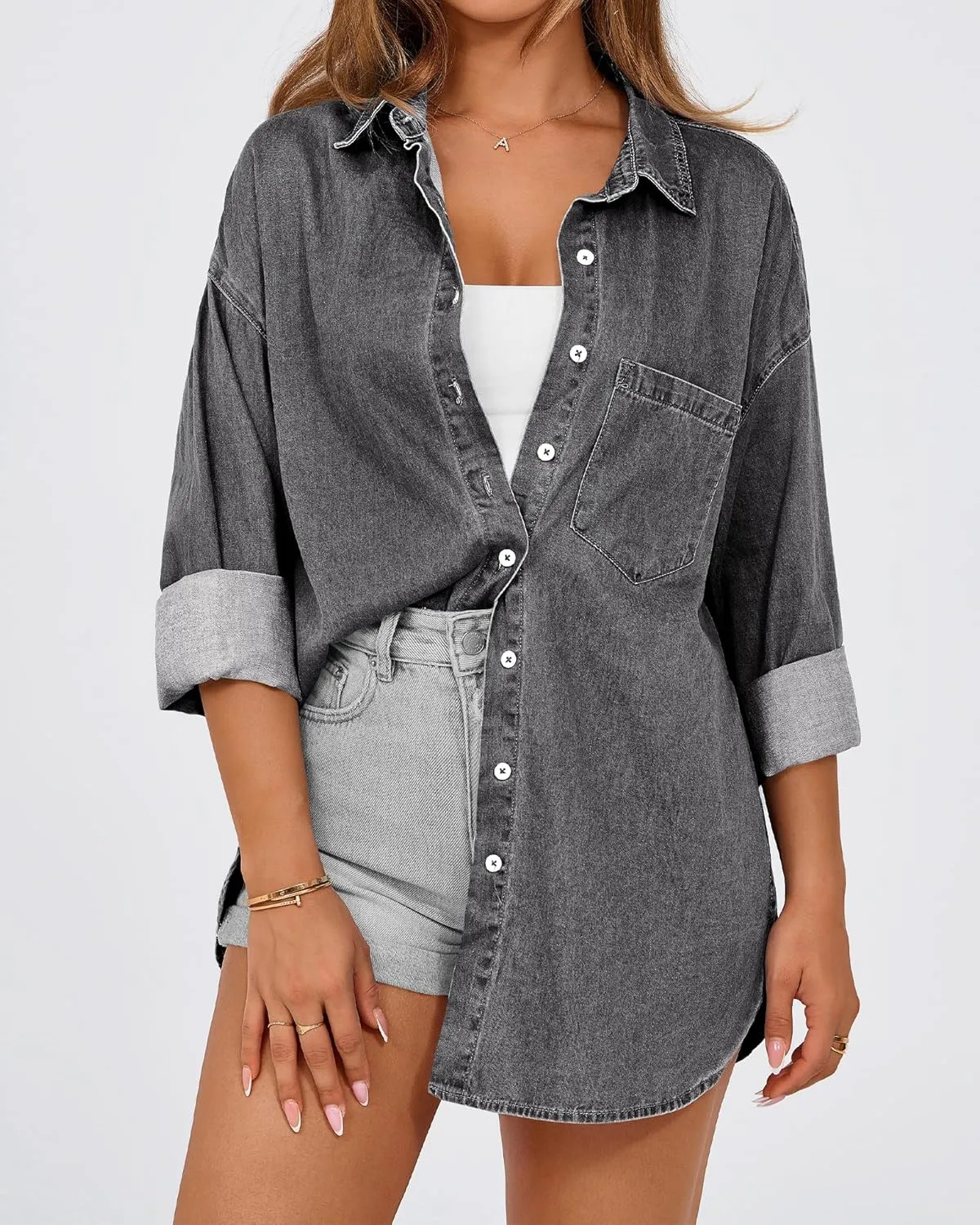 BTFBM Womens Button Down Denim Shirts Fall Lapel V Neck Lightweight Oversized Long Sleeve Thin Casual Blouse Tops Pocket