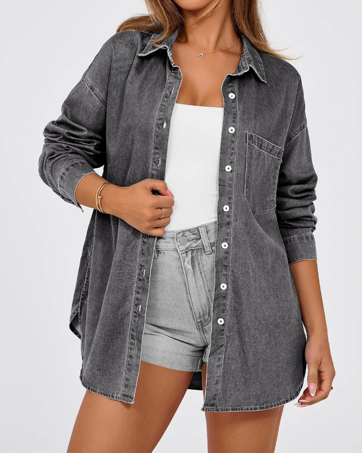 BTFBM Womens Button Down Denim Shirts Fall Lapel V Neck Lightweight Oversized Long Sleeve Thin Casual Blouse Tops Pocket