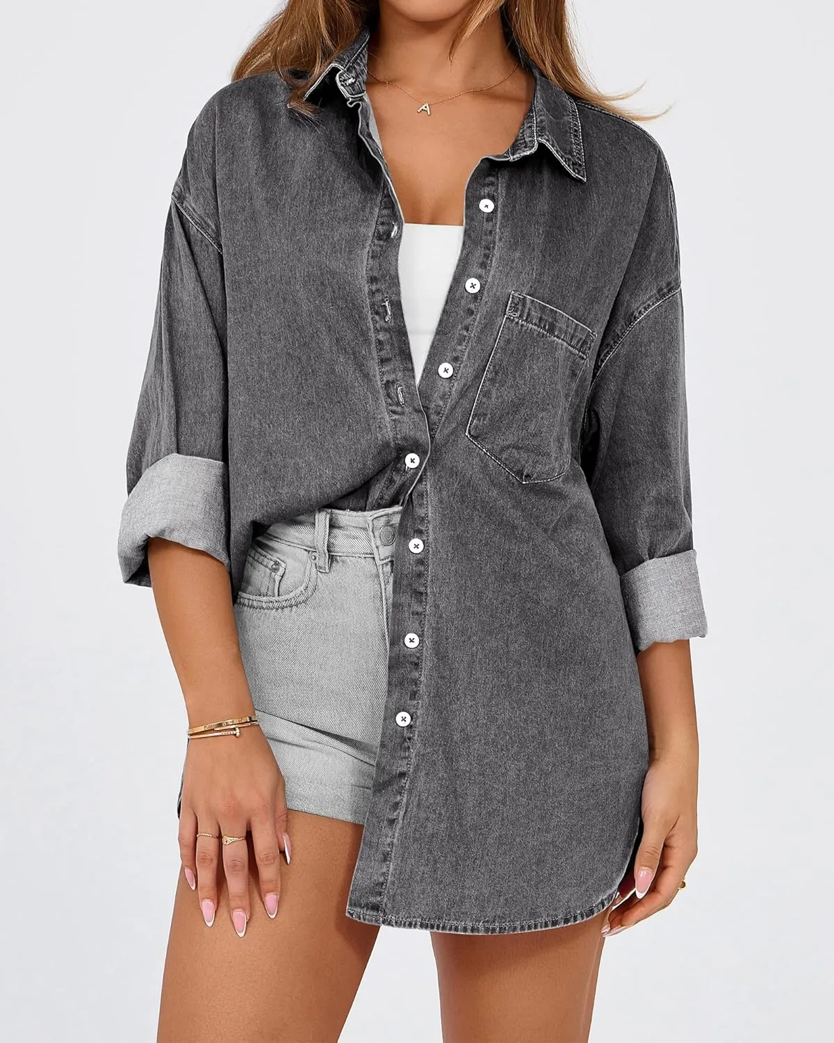 BTFBM Womens Button Down Denim Shirts Fall Lapel V Neck Lightweight Oversized Long Sleeve Thin Casual Blouse Tops Pocket