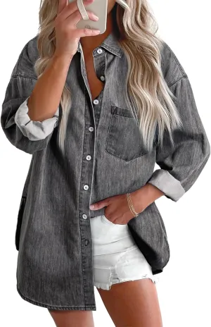 BTFBM Womens Button Down Denim Shirts Fall Lapel V Neck Lightweight Oversized Long Sleeve Thin Casual Blouse Tops Pocket