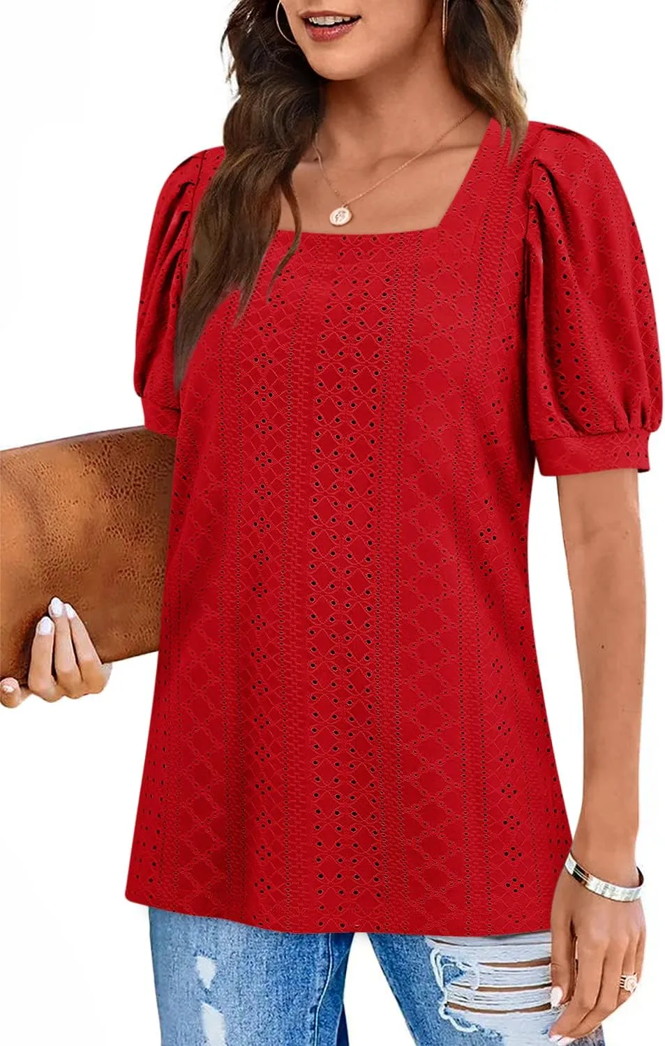 BZB Womens Summer Tops 2025 Square Neck Short Sleeve Tunic Tops Eyelet T-Shirts S-2XL