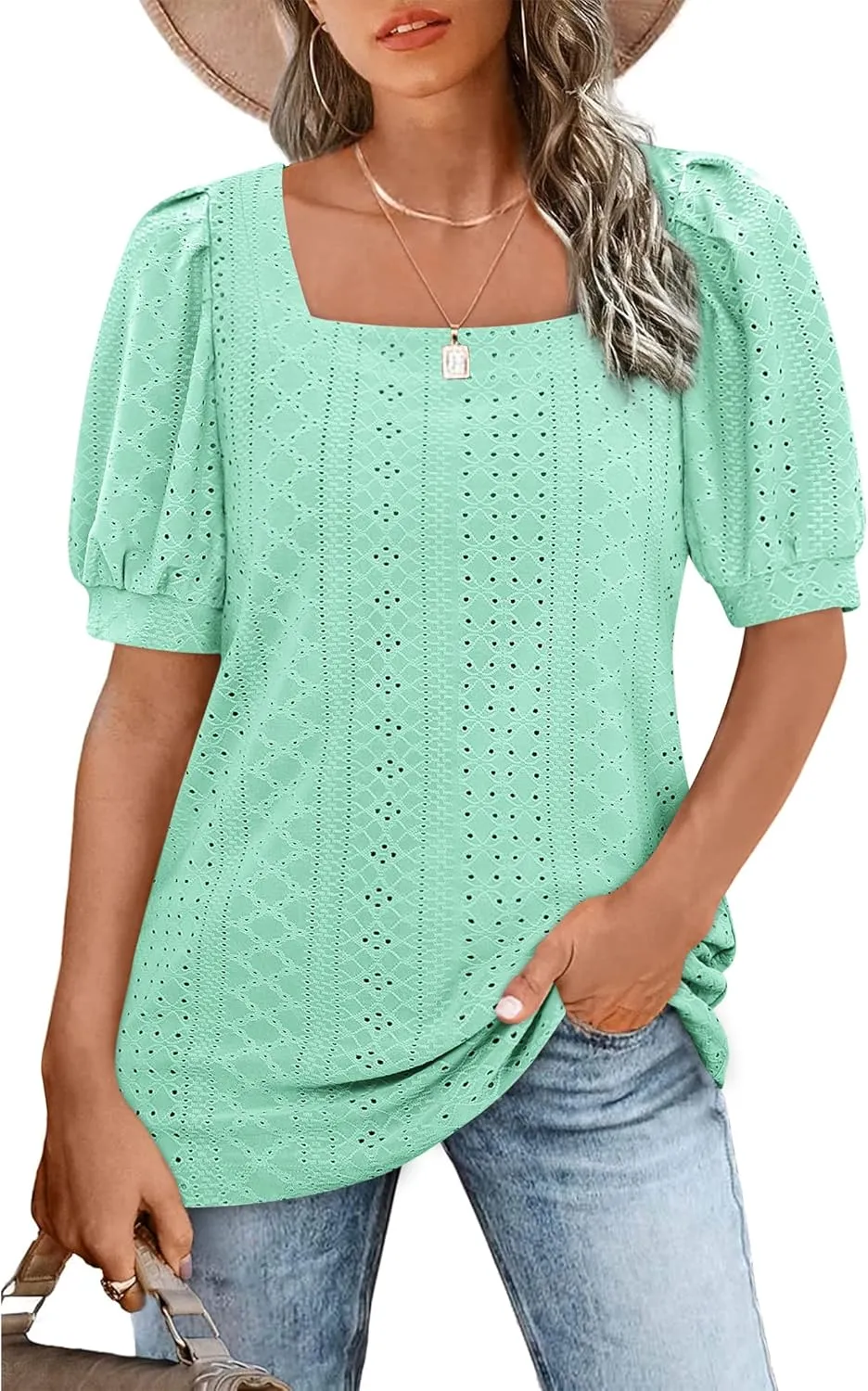 BZB Womens Summer Tops 2025 Square Neck Short Sleeve Tunic Tops Eyelet T-Shirts S-2XL