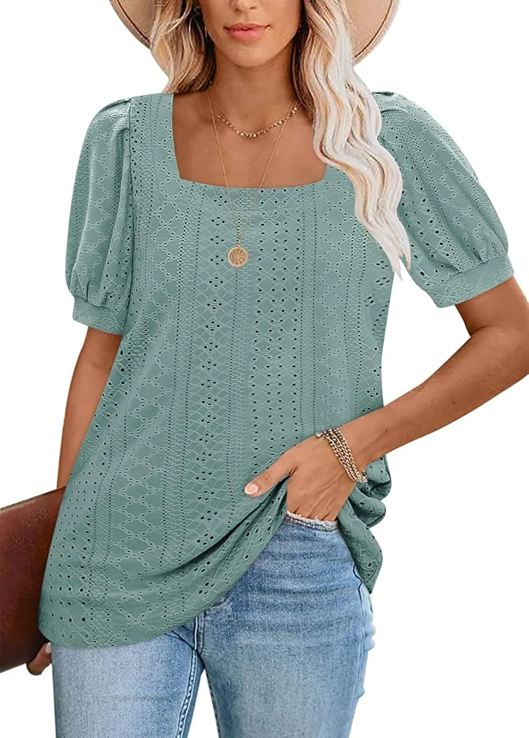 BZB Womens Summer Tops 2025 Square Neck Short Sleeve Tunic Tops Eyelet T-Shirts S-2XL