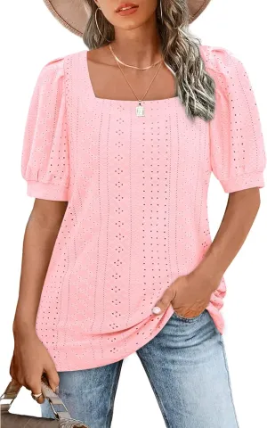 BZB Womens Summer Tops 2025 Square Neck Short Sleeve Tunic Tops Eyelet T-Shirts S-2XL