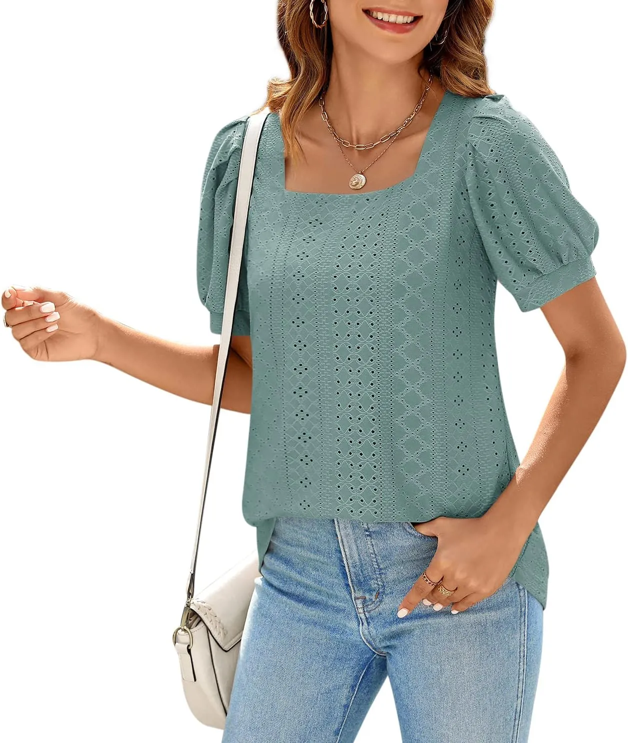 BZB Womens Summer Tops 2025 Square Neck Short Sleeve Tunic Tops Eyelet T-Shirts S-2XL