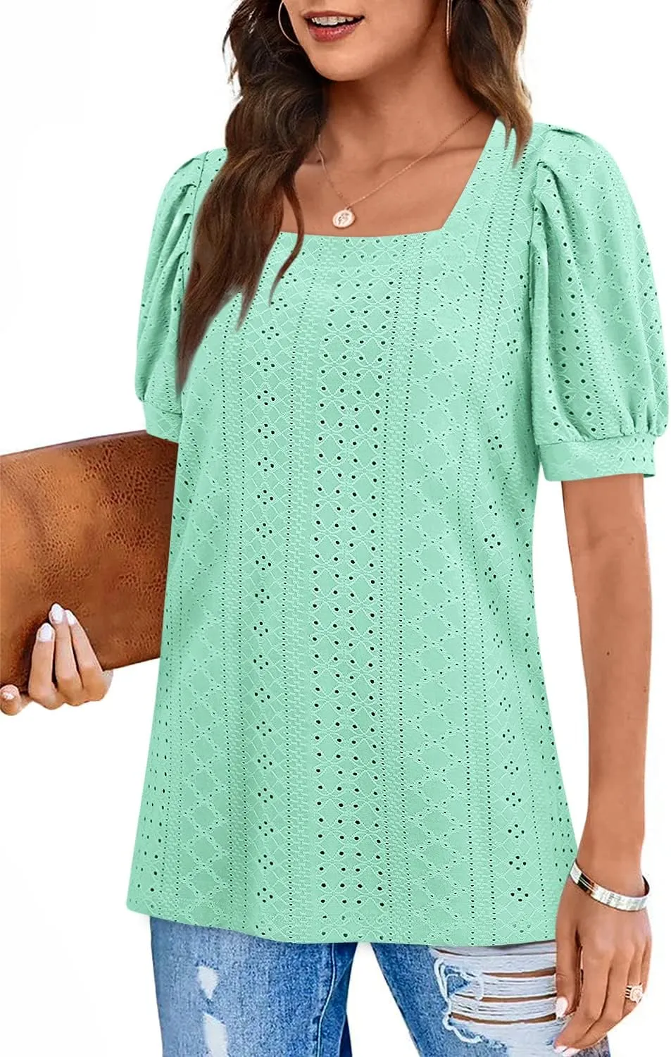 BZB Womens Summer Tops 2025 Square Neck Short Sleeve Tunic Tops Eyelet T-Shirts S-2XL