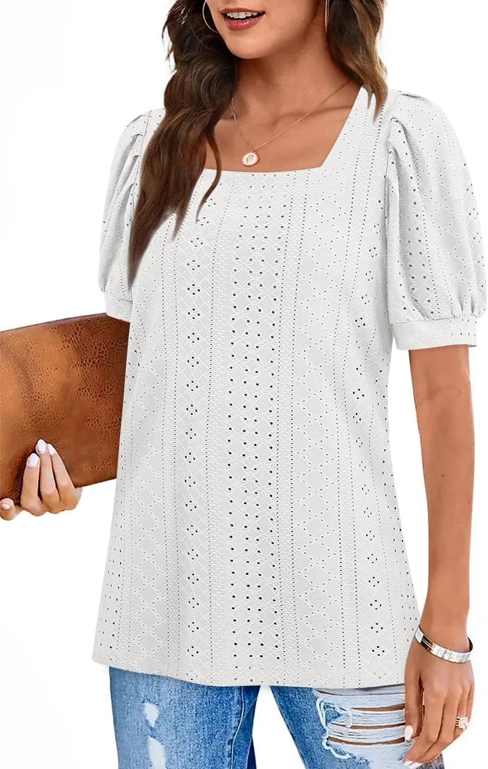 BZB Womens Summer Tops 2025 Square Neck Short Sleeve Tunic Tops Eyelet T-Shirts S-2XL