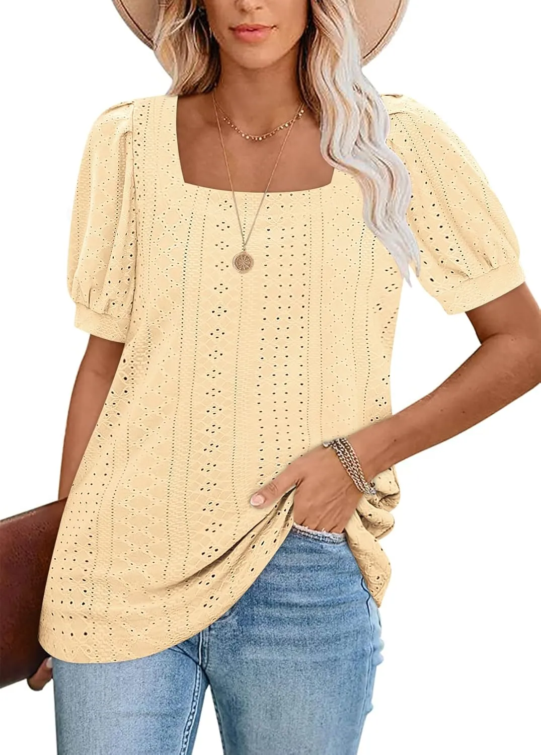BZB Womens Summer Tops 2025 Square Neck Short Sleeve Tunic Tops Eyelet T-Shirts S-2XL