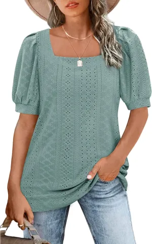 BZB Womens Summer Tops 2025 Square Neck Short Sleeve Tunic Tops Eyelet T-Shirts S-2XL