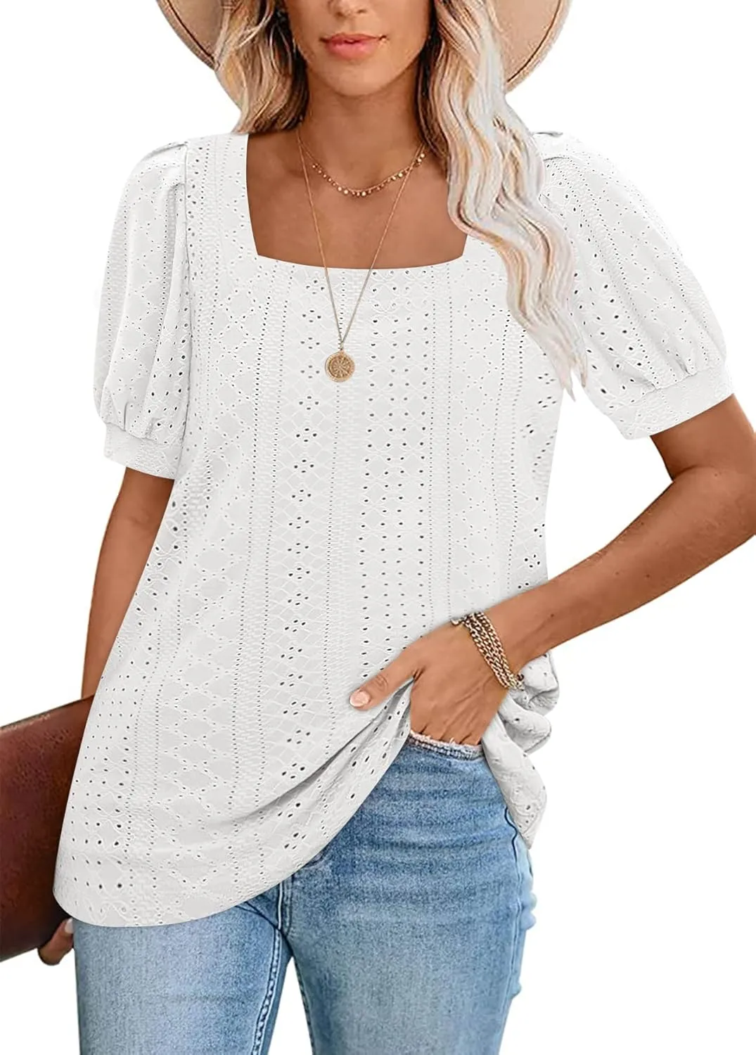 BZB Womens Summer Tops 2025 Square Neck Short Sleeve Tunic Tops Eyelet T-Shirts S-2XL